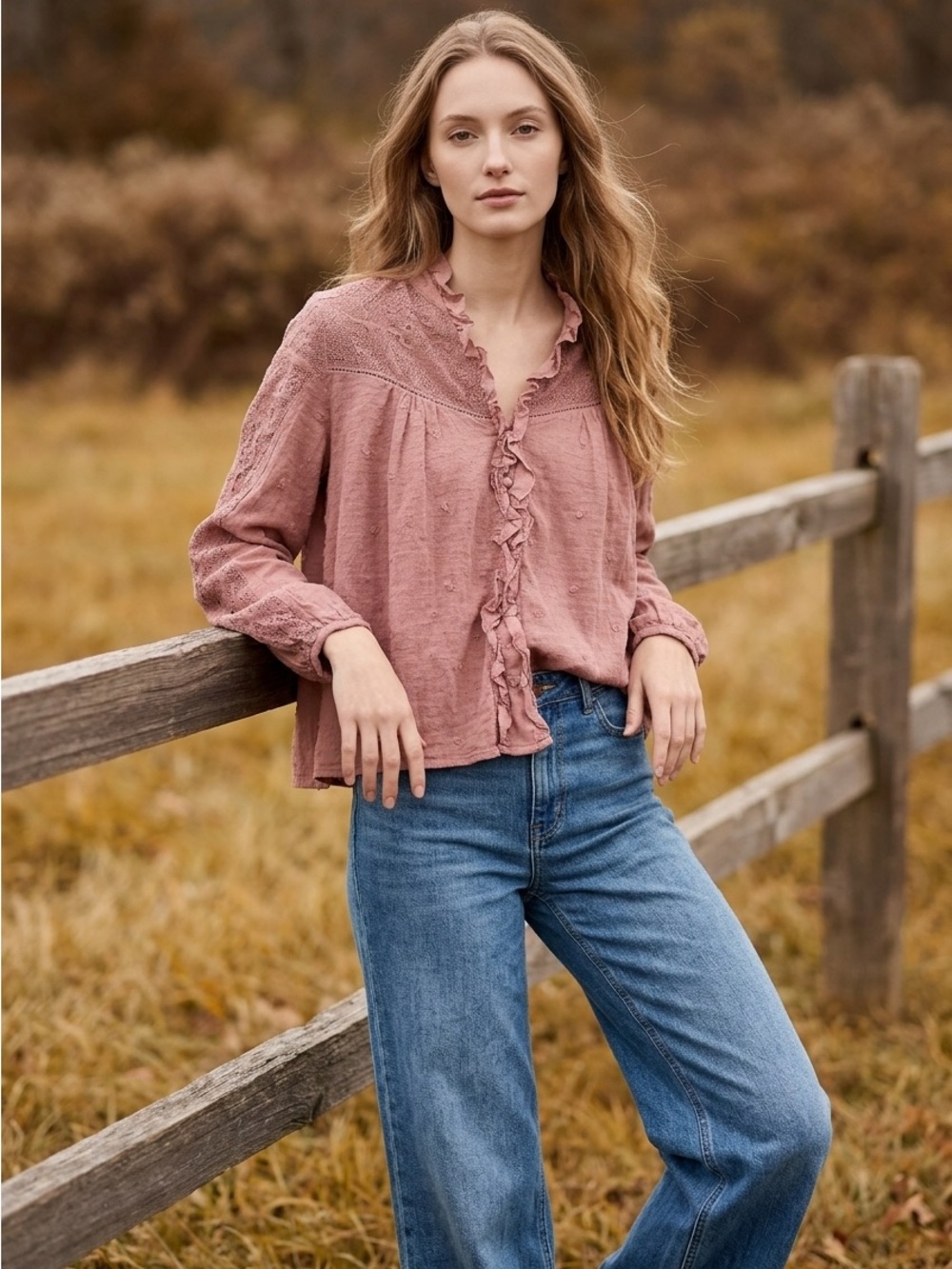Anthropologie Ruffled Button-Front Blouse in Dusty Rose 100% Cotton Size 6